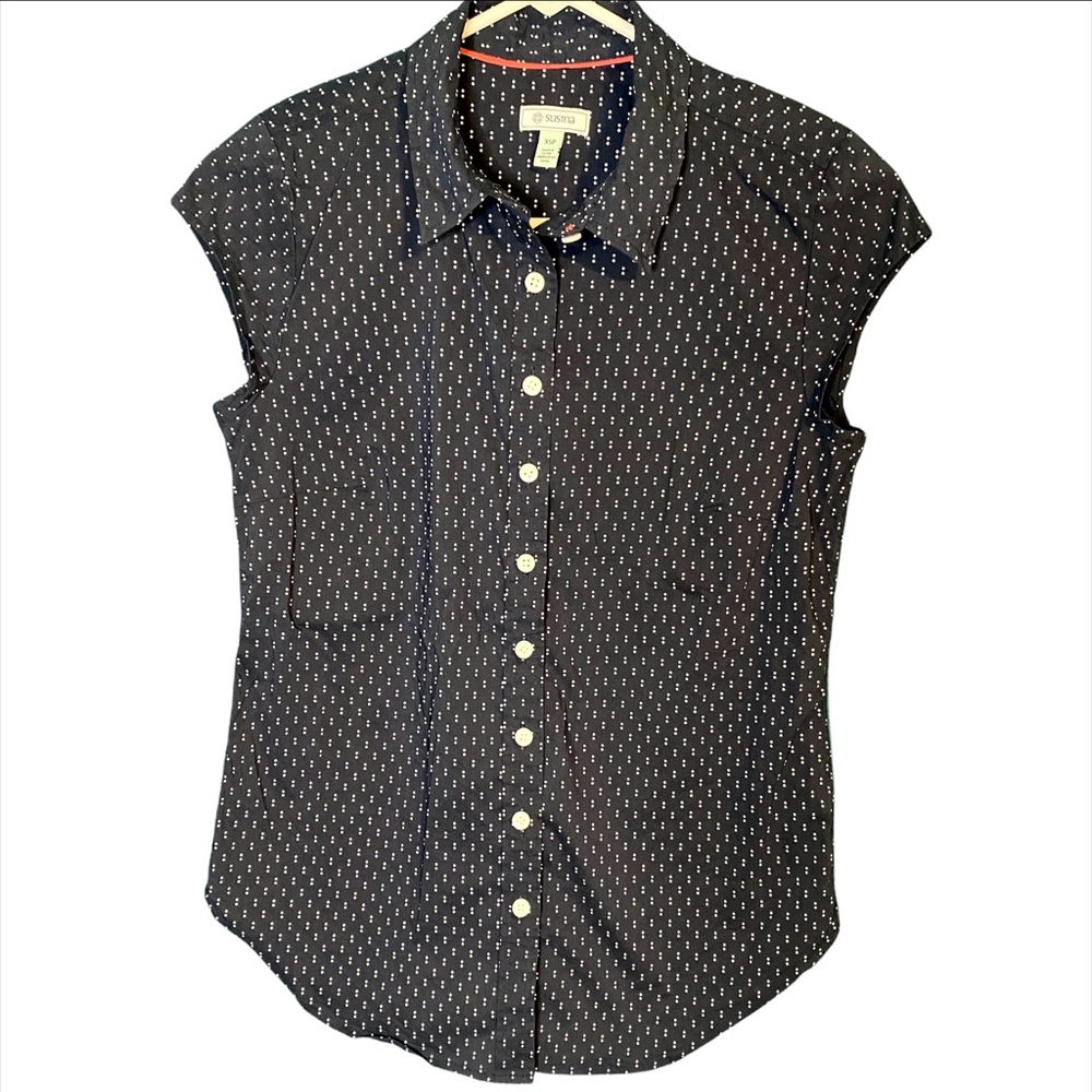 Susina Navy Polka Dot Button Down Shirt